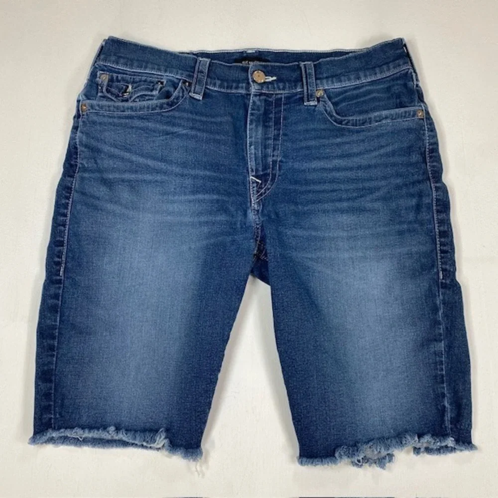 True Religion Ricky Short Mens 36‎ Regatta Blue Denim Cut Off Frayed Hem Shorts